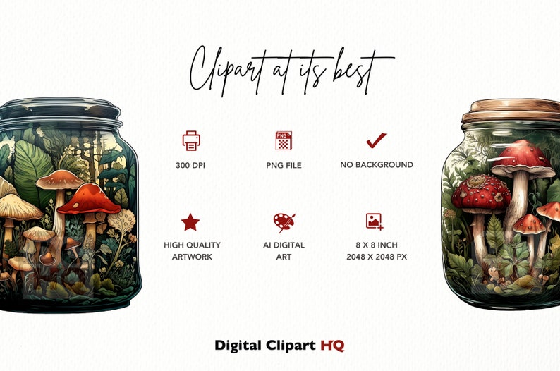 May include: Two glass jars filled with mushrooms and greenery. The jars are transparent and show the contents inside. The mushrooms are red and white with white spots. The greenery is green and leafy. The jars are on a white background.