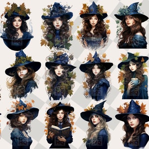 May include: A digital collage of 18 images featuring witches with long dark hair wearing blue and black pointed hats adorned with autumn leaves. Each witch is holding a different object, such as a cauldron, a cup, or a book.