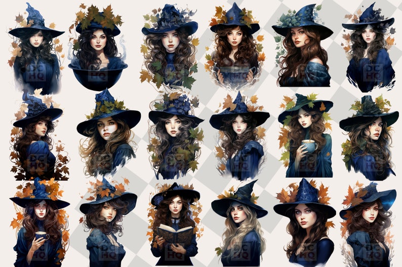 May include: A digital collage of 18 images featuring witches with long dark hair wearing blue and black pointed hats adorned with autumn leaves. Each witch is holding a different object, such as a cauldron, a cup, or a book.