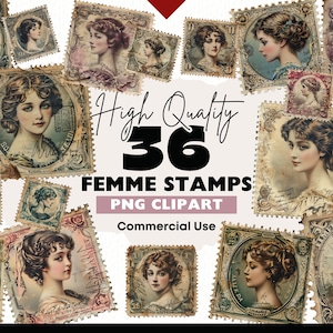 Vintage Stempel Clipart Bundle, viktorianische weibliche Briefmarken Aquarell, viktorianische Dame Stempel PNG digitaler Download, Papiermodelle, Scrapbooking