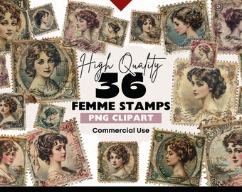 Vintage Stamp Clipart Bundle, Victorian Female Stamps Watercolor, Victorian Lady Stamp PNG Digital Download, Paper Crafts, Scrapbooking
