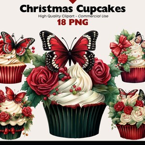 Bundle de cliparts cupcakes de Noël, beau dessert de Noël graphiques aquarelle, bonbons de Noël en téléchargement numérique, graphiques d'Invitation