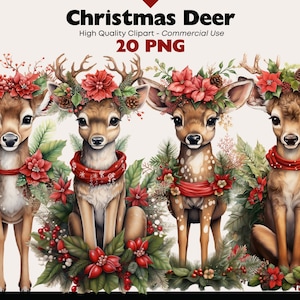 Bundle de cliparts cerf de Noël, Noël faon PNG, Illustrations aquarelle de bébé renne, cerf de Noël PNG en téléchargement numérique