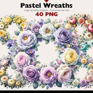 Pastell Kränze Clipart Bundle, violette Rosen PNG, Frühlingskranz Aquarell Illustrationen, Pfingstrosen Kranz PNG Digitalbilder, rosa Blumenstrauß Grafiken
