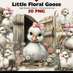 Può includere: Illustrazione ad acquerello con adorabili oche bianche con corone floreali e fiocchi rosa. L'immagine include una porta di legno, fiori e il testo "Little Floral Goose" e "50 PNG". L'opera d'arte ha un tema stravagante e fiabesco.
