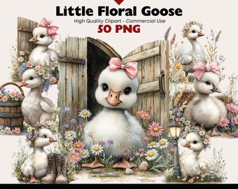 Little Floral Goose Clipart Bundle | Cute Baby Goose with Flowers PNG | Spring Farm Animals for Cards, Nursery Art, Journals & Sublimation