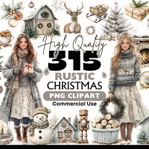 Puede incluir: Conjunto de imágenes prediseñadas de acuarela con temática navideña rústica. La imagen presenta ilustraciones de Papá Noel, un muñeco de nieve, un ciervo, un granero, árboles de Navidad y mujeres. El texto dice "High Quality 315 Rustic Christmas PNG Clipart Commercial Use."