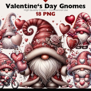 Valentinstag Gnome Clipart, niedlicher Gnom mit Rosen PNG, romantische Gnome PNG Aquarell Illustrationen, Herz Ballon Gnome Digitale Downloads