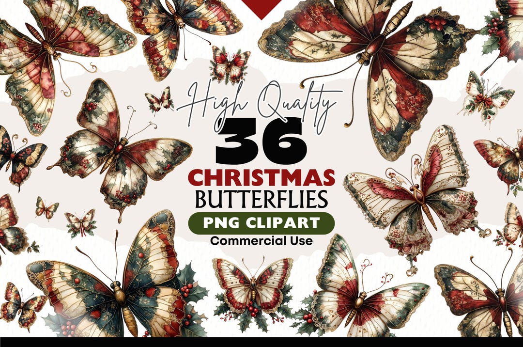 Christmas Butterfly Clipart Bundle Traditional Winter Graphics Digital ...