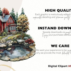 May include: Watercolor illustration of a red house with a stone path, pond, and surrounding trees. The image includes text that reads "HIGH QUALITY", "INSTANT DOWNLOAD", and "WE CARE". The image is from Digital Clipart HQ.