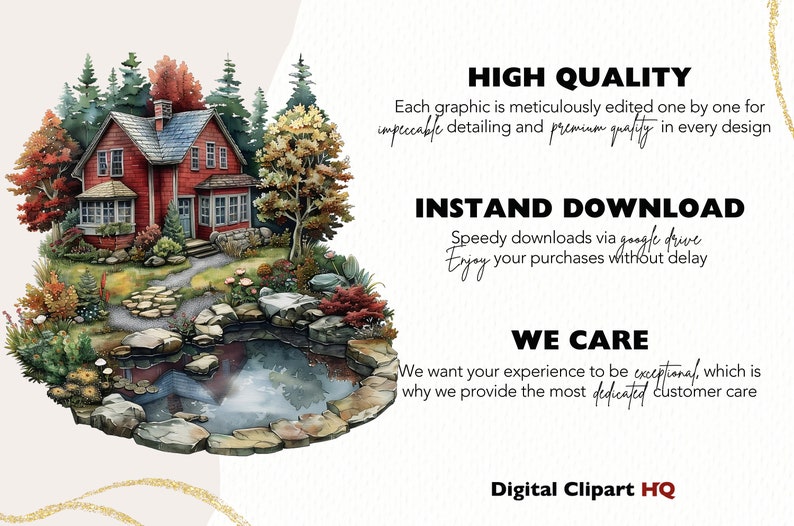 May include: Watercolor illustration of a red house with a stone path, pond, and surrounding trees. The image includes text that reads "HIGH QUALITY", "INSTANT DOWNLOAD", and "WE CARE". The image is from Digital Clipart HQ.