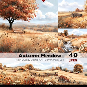 以下が含まれることがあります： Autumn Meadowと題された40枚のJPEGファイルを含むデジタルアートコレクション。画像には、黄金色の野原、オレンジ色の葉を持つ木々、木製のベンチ、素朴な荷車、流れる小川、そして秋の空の下にある柵が描かれた風景が表現されています。