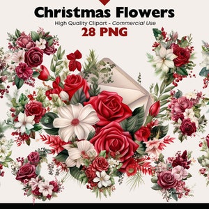 Pacote de clipart de flores de Natal, rosas vermelhas PNG, ilustrações de buquê de Natal, flor de canto PNG, gráficos PNG de buquê de arranjo floral