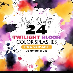 24 Watercolor Color Splash Clipart PNG, Paint Splatter Abstract Clipart, Purple Red Yellow Ink Blots, Commercial Use Instant Download