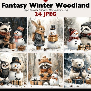 Winter Woodland Clipart Bundle Snowy Landscapes Graphics Digital Download JPEG Holiday Watercolor Christmas Animal Clipart Commercial Use