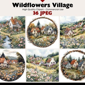 36 Floral Cottages Scenery JPEG Graphics Commercial Use Countryside Digital Download Watercolor Paper Crafts Junk Journal Scrapbooking