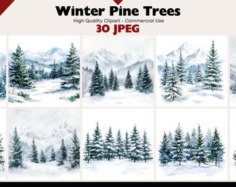 May include: A digital illustration set of 30 watercolor winter pine trees. The trees are depicted in a snowy landscape with mountains in the background. The trees are a dark green color with white snow on the branches. The background is a light blue color with white snow on the ground.