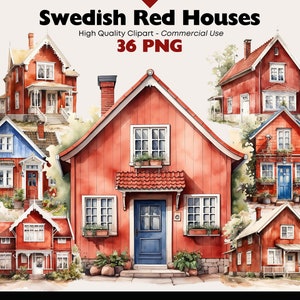 Lot de cliparts maison rouge suédoise, vieille maison scandinave PNG, Illustrations aquarelles de maisons nordiques, chalet rouge en téléchargement numérique