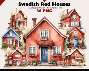 Swedish Red House Clipart Bundle, Old Scandinavian House PNG, Nordic Homes Watercolor Illustrations, Red Cottage Digital Download Graphics