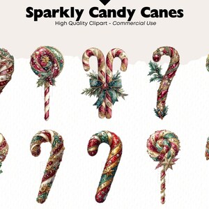 May include: A set of ten sparkly candy canes with red, white, and green stripes, gold and silver glitter, and green and red bows. The candy canes are decorated with beads and other embellishments.  Sparkly Candy Canes - High Quality Clipart - Commercial Use