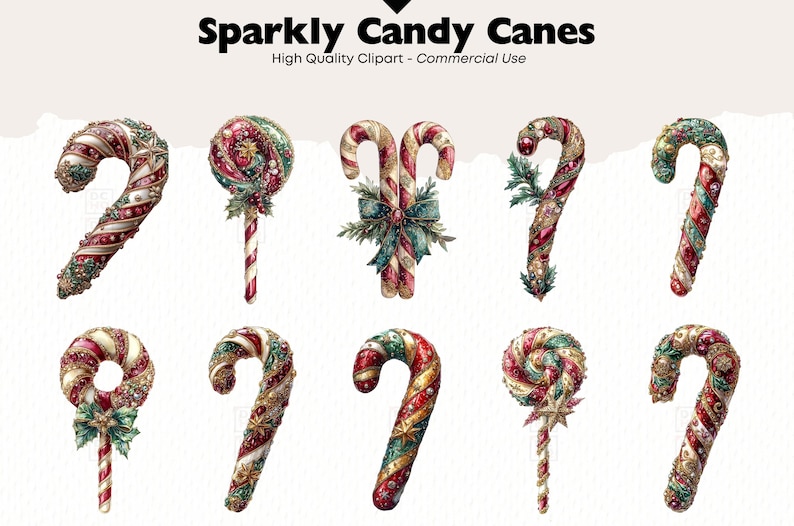 May include: A set of ten sparkly candy canes with red, white, and green stripes, gold and silver glitter, and green and red bows. The candy canes are decorated with beads and other embellishments.  Sparkly Candy Canes - High Quality Clipart - Commercial Use