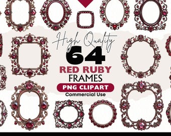 Ruby Frames Clipart Bundle Vintage Empty Red Gemstone Borders Graphics Digital Download Ephemera Paper Crafts Scrapbooking Junk Journal
