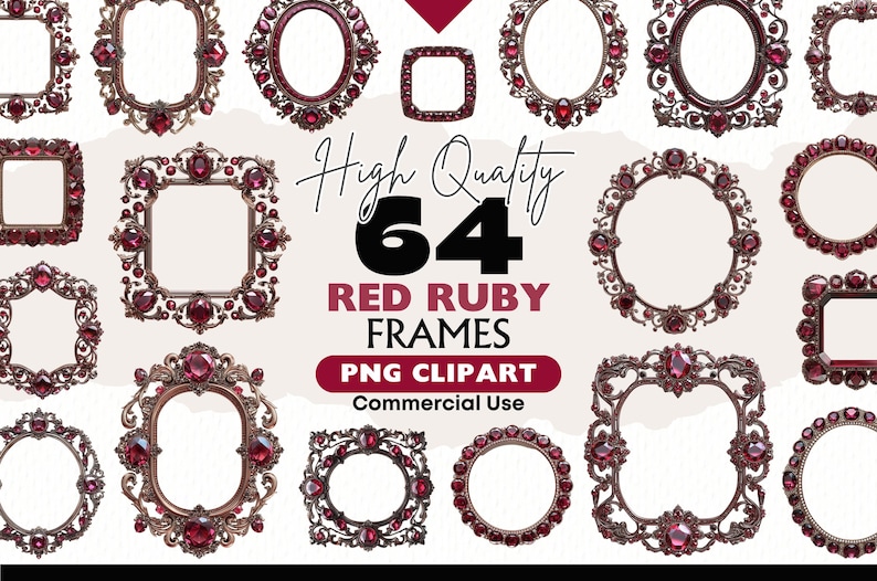 May include: A set of 64 digital red ruby frames. The frames are ornate and feature a gold metal design with red ruby gemstones. The frames are perfect for adding a touch of elegance to your designs.