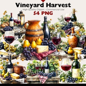 May include: Watercolor illustration of a vineyard harvest scene. Features wine bottles, glasses of red wine, grapes, pears, cheese, and a wooden barrel. The image includes the text "Vineyard Harvest" and "54 PNG".