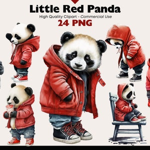 Kleiner Panda in Rot Clipart, Baby Panda Grafiken, Aquarell Bär in Kleidung PNG, Niedlicher Charakter in Roter Jacke Bilder, digitale Aufkleber
