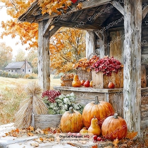 May include: A watercolor illustration of a rustic wooden porch decorated for autumn. The scene features orange pumpkins, a bundle of wheat, baskets of red apples, and vibrant fall foliage. A small house is visible in the background field.
