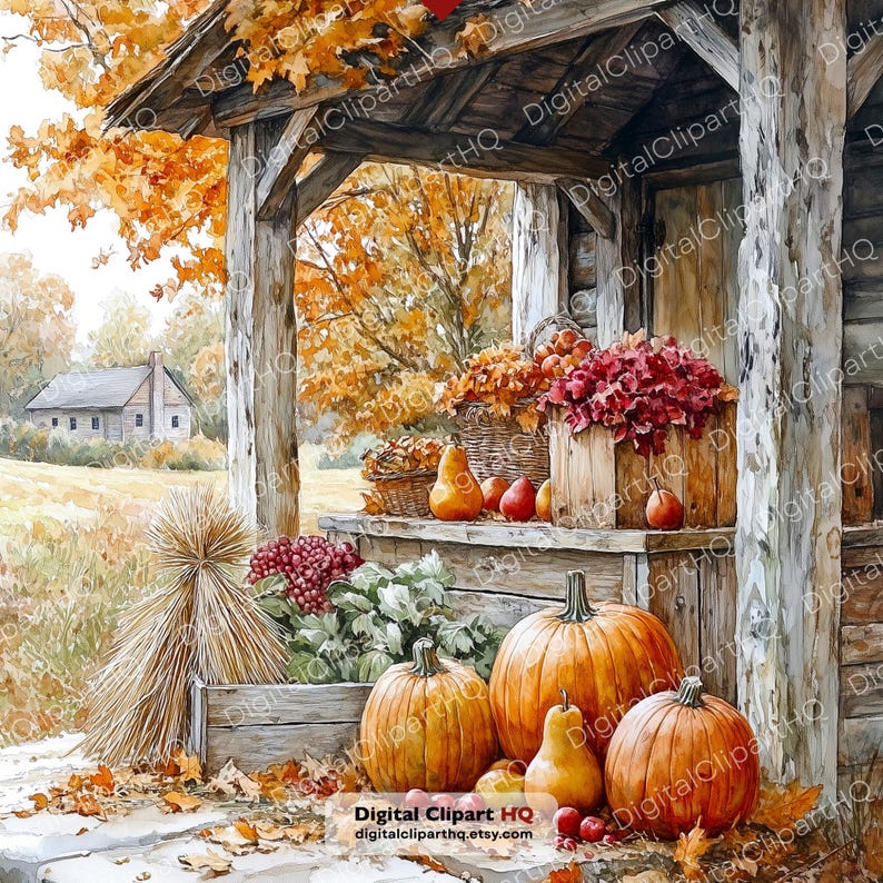 May include: A watercolor illustration of a rustic wooden porch decorated for autumn. The scene features orange pumpkins, a bundle of wheat, baskets of red apples, and vibrant fall foliage. A small house is visible in the background field.