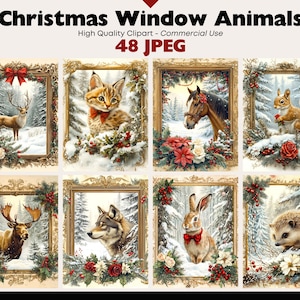 May include: A collection of Christmas-themed animal portraits in ornate gold frames. Each image features a different animal, such as a wolf, deer, cat, horse, squirrel, and rabbit, set against a snowy winter backdrop with festive floral arrangements. The text "Christmas Window Animals" is at the top.