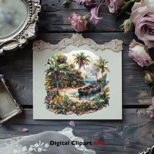 May include: A vintage illustration of a tropical island scene with palm trees, a beach, and a shipwreck. The illustration is framed in a white frame with ornate details and is surrounded by pink roses and a silver mirror.