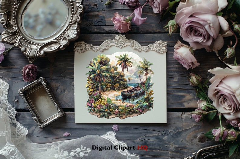 May include: A vintage illustration of a tropical island scene with palm trees, a beach, and a shipwreck. The illustration is framed in a white frame with ornate details and is surrounded by pink roses and a silver mirror.