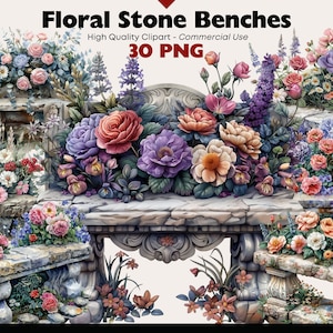 Floral Bench Clipart, Stone Bench Watercolor, Outdoor Decor Graphics, Floral Garden PNG, Junk Journal, Digital Download, Scrapbooking