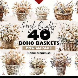 Aquarelle fleurs bohèmes Clipart ensemble, beaux graphiques de panier floral bohème pour les invitations et les travaux manuels en papier, bouquet séché PNG à télécharger