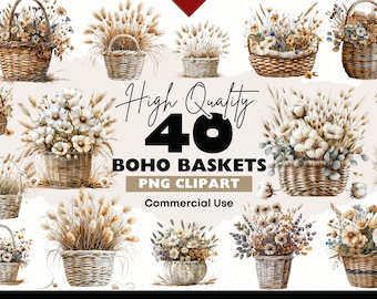 Watercolor Bohemian Flowers Clipart Set, Beautiful Boho Floral Basket Graphics for Invitations and Paper Crafts, Dried Bouquet PNG Download