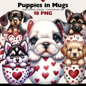 Welpen in Tassen Clipart, süße Welpen Liebe PNG Tasse, Herz Welpen Tasse Aquarell Valentine Hund Illustrationen, Valentinstag Tier PNG Pup