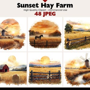May include: Watercolor illustrations of a sunset hay farm. The images feature rural scenes with hay bales, windmills, barns, and horses. The color palette includes warm tones of orange, yellow, and brown, evoking a peaceful, rustic atmosphere. The text "Sunset Hay Farm" is at the top.