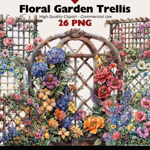 Może przedstawiać: Zbiór 26 obrazów cyfrowych z akwarelowymi ilustracjami kwiatowych pergoli ogrodowych. Pergole są wykonane z drewna i ozdobione różnymi kwiatami, w tym różami, hortensjami i makami. Obrazy idealnie nadają się do tworzenia cyfrowych projektów scrapbookingu, zaproszeń i innych projektów kreatywnych.