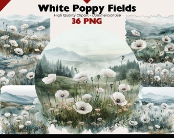 White Poppy Fields Clipart Bundle, Poppy Meadow Watercolor Printable, Landscape PNG, Beautiful Nature Clipart Digital Download, Paper Crafts