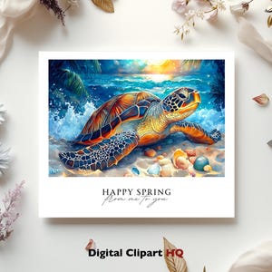 Puede incluir: Una impresi&oacute;n art&iacute;stica cuadrada con una pintura de acuarela de una tortuga marina en una playa con olas del oc&eacute;ano. La tortuga tiene un caparaz&oacute;n marr&oacute;n y naranja. El texto "HAPPY SPRING from me to you" est&aacute; debajo de la imagen. Acentos florales rodean la impresi&oacute;n.