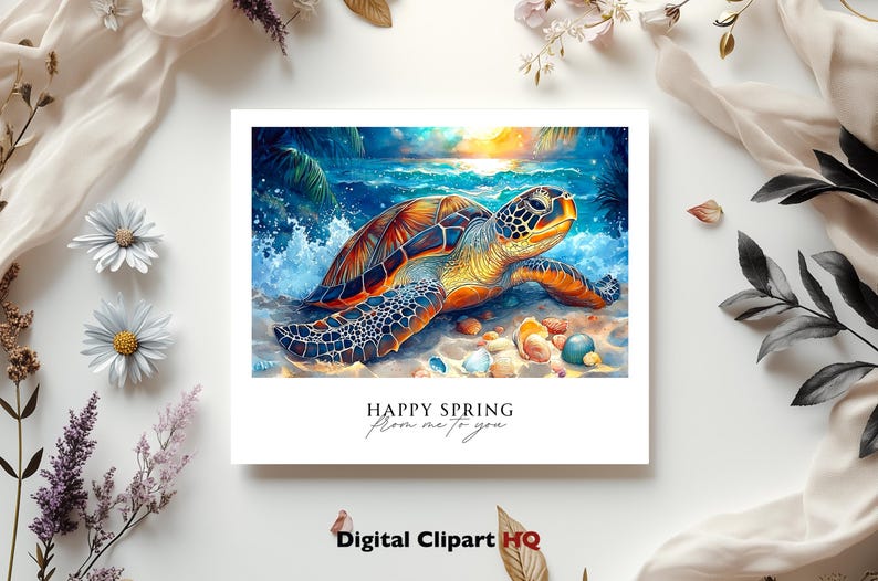 Puede incluir: Una impresi&oacute;n art&iacute;stica cuadrada con una pintura de acuarela de una tortuga marina en una playa con olas del oc&eacute;ano. La tortuga tiene un caparaz&oacute;n marr&oacute;n y naranja. El texto "HAPPY SPRING from me to you" est&aacute; debajo de la imagen. Acentos florales rodean la impresi&oacute;n.