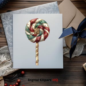 May include: A red, green, and white candy cane lollipop with gold accents and a gold stick. The lollipop is on a white background.
