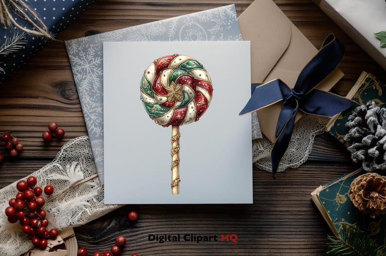 May include: A red, green, and white candy cane lollipop with gold accents and a gold stick. The lollipop is on a white background.