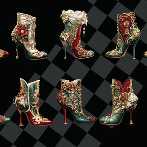May include: Ten pairs of ornate high-heeled boots with intricate floral and jewel embellishments. The boots are in shades of green, red, and gold.