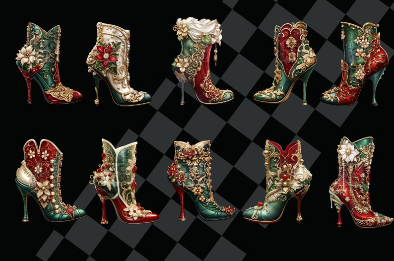 May include: Ten pairs of ornate high-heeled boots with intricate floral and jewel embellishments. The boots are in shades of green, red, and gold.