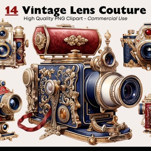 Puede incluir: Un conjunto de 14 ilustraciones de cámaras vintage con detalles ornamentados en oro, rojo y azul. Las cámaras son de varios estilos, incluyendo una cámara de fuelle grande con una lente y una cámara de caja más pequeña.