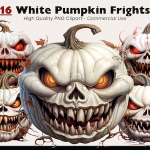 Scary Pumpkin Clipart, White Pumpkin PNG, Halloween Watercolor, Spooky Pumpkin Faces Graphics, Sinister Pumpkins Printable, Digital Download