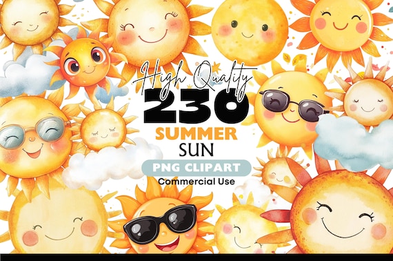 Summer Sun Clipart Bundle, 230 PNG Sunshine Faces with Sunglasses and Clouds, Happy Sun Digital Graphics for Kids Crafts & Printables